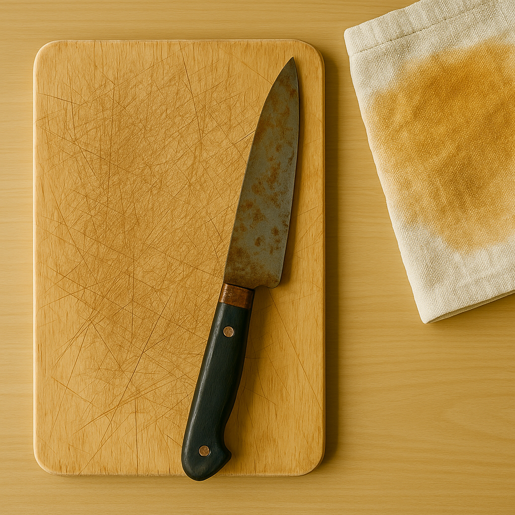 칼자국이 많은 도마 위에 녹슨 칼이 놓여 있고, 옆에 얼룩이 심한 행주가 있는 장면