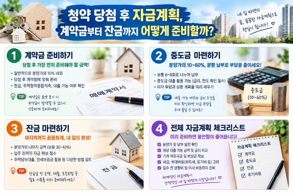 청약 당첨 후 계약금 중도금 잔금 마련 방법과 전체 자금계획을 보여주는 인포그래픽