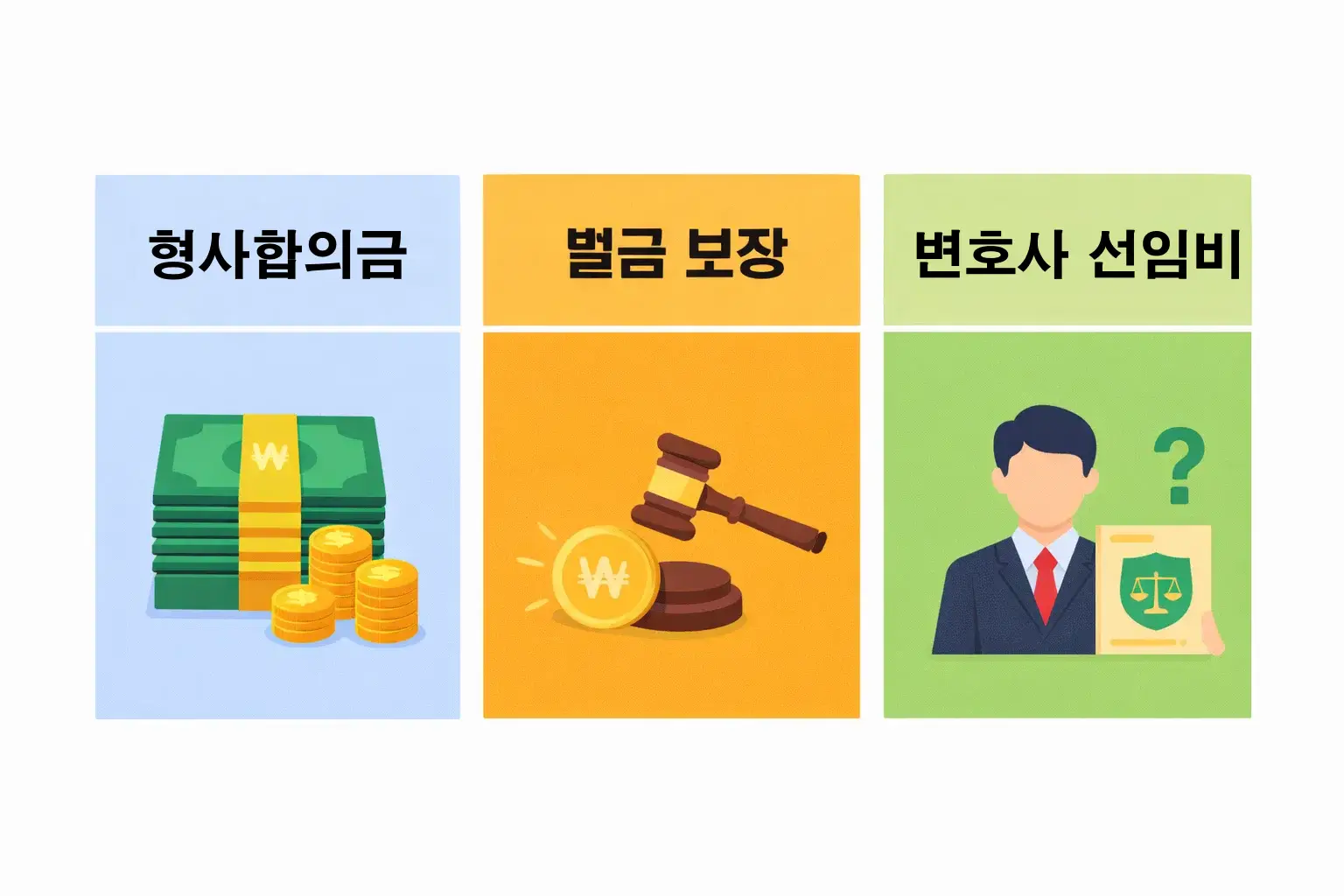 운전자보험 비교사이트 기준으로 형사합의금 벌금 보장 변호사 선임비 등 핵심 보장 항목의 역할과 적용 범위를 이해하기 쉽게 정리한 이미지입니다