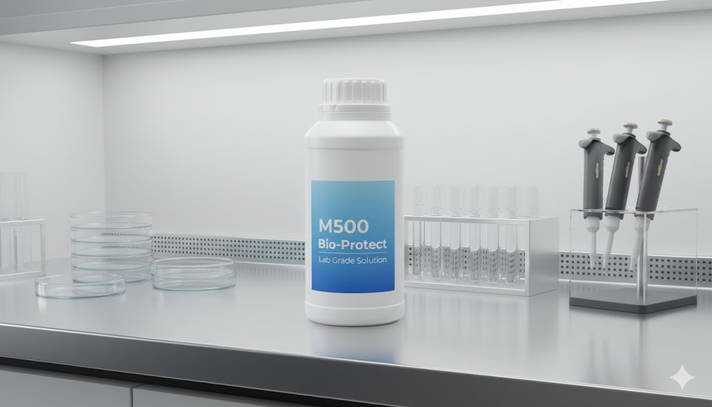 삼양플라스틱 M500 불투명 백색 용기가 'M500 Bio-Protect' 및 'Lab Grade Solution' 라벨을 부착하고, 청색 계열의 미니멀한 디자인과 함께 빛이 환한 첨단 연구실의 클린 벤치 위에 놓여 있습니다. 용기의 깔끔한 디자인과 안정감이 민감한 바이오 샘플이나 시약을 안전하게 보관하는 전문성을 강조합니다.