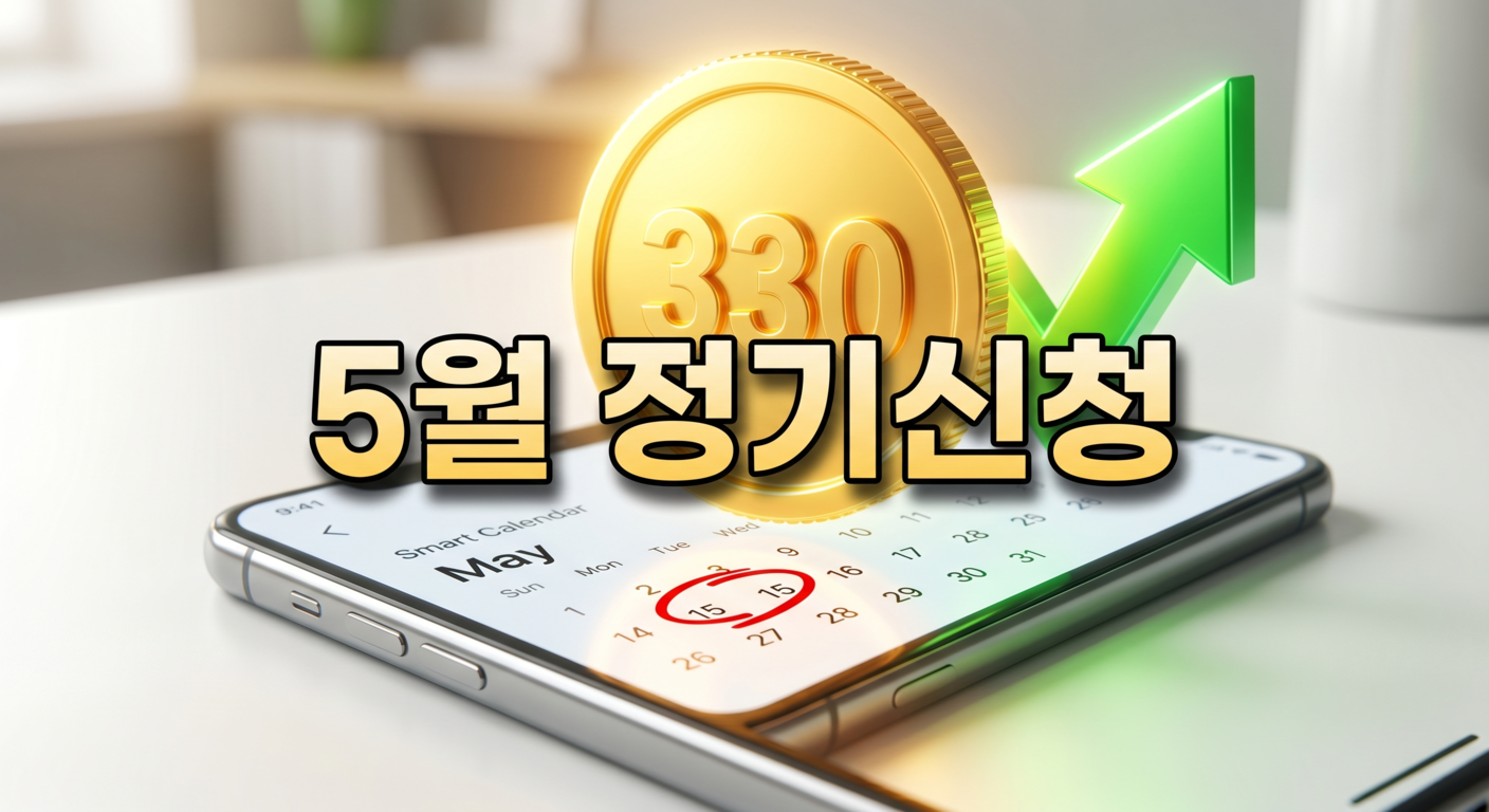 5월이 빨간색 마커로 동그라미 쳐진 스마트 달력이 띄워진 스마트폰 화면 위로 330이라고 적힌 빛나는 대형 금화가 떠 있고 초록색 화살표가 위를 향하는 3D 일러스트 배경에, 짙은 그림자와 외곽선으로 선명하게 강조된 '5월 정기신청'이라는 한글 문구가 중앙에 적힌 이미지