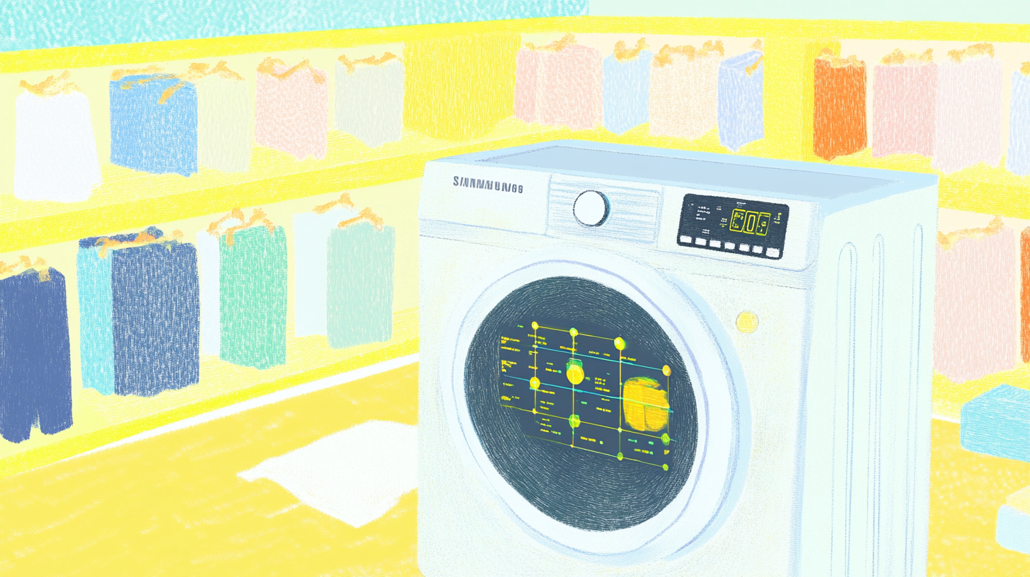 AI 기반 세탁 관리를 통해 다양한 의류 종류를 분석하고, 데이터 및 최적화를 나타내는 맥박치는 기술 그래픽을 가진 삼성 WF21D17CVVC의 이미지입니다.