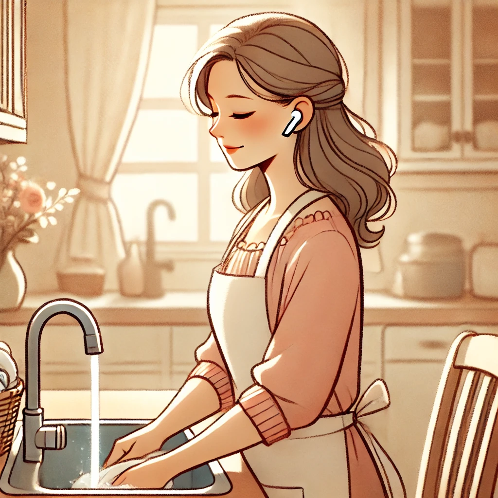 이어폰으롤 팟캐스트 들으며 설거지를 하는 여자_image generated by Adobe Express