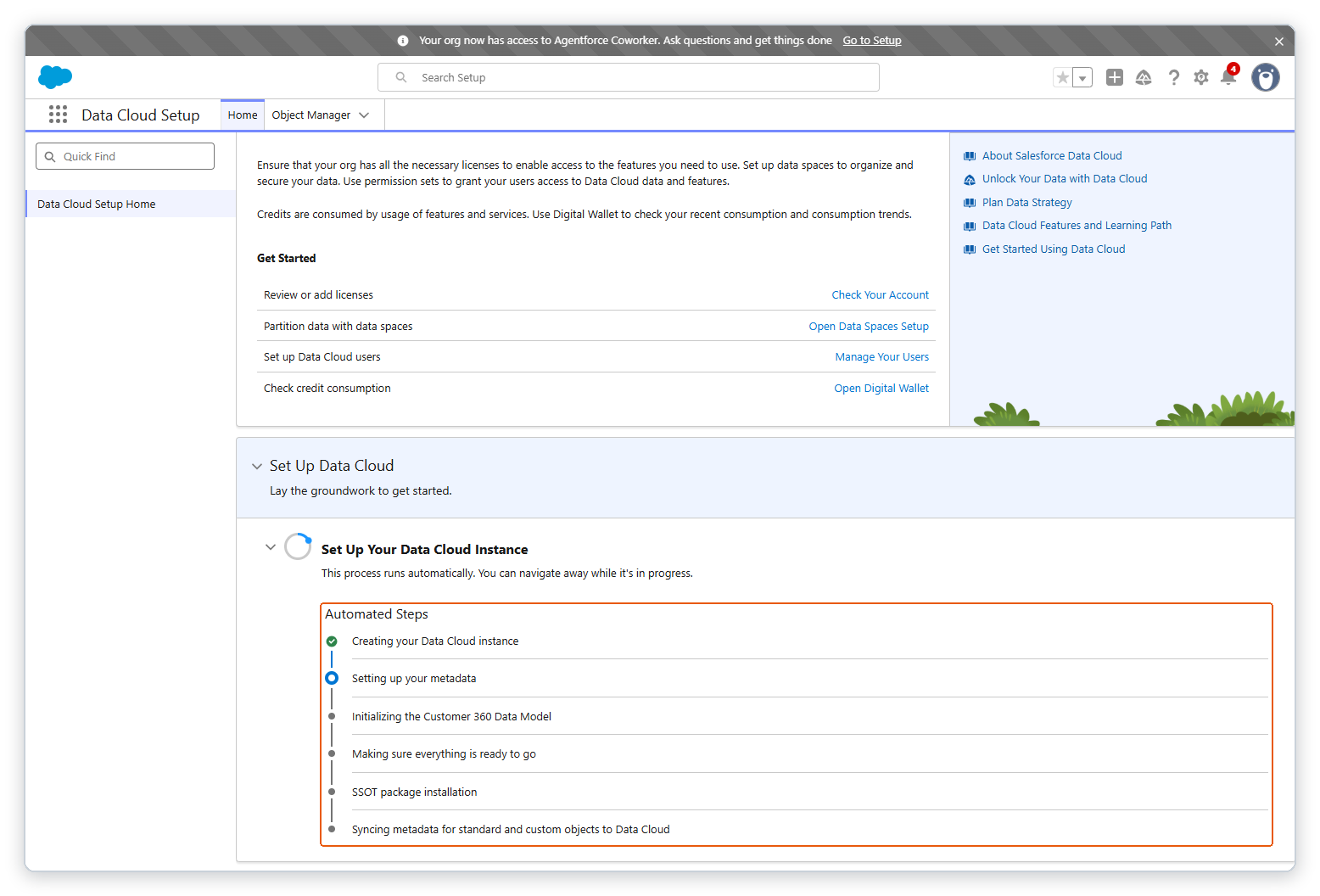 Set Up Your Data Cloud Instance의 자동 단계 여섯 개