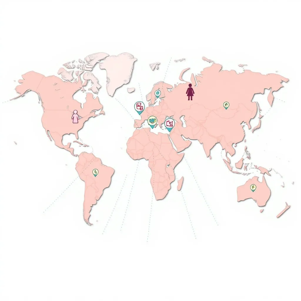 세계 지도 위에 생리대나 여성의 건강과 관련된 아이콘이 배치되고, 지도의 여러 지점에서 미세플라스틱을 나타내는 점들이 확산되는 모습. 국제적인 문제임을 드러냅니다.