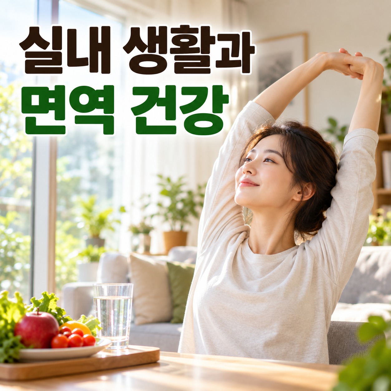 햇빛이 드는 실내에서 스트레칭하며 건강한 생활을 실천하는 여성