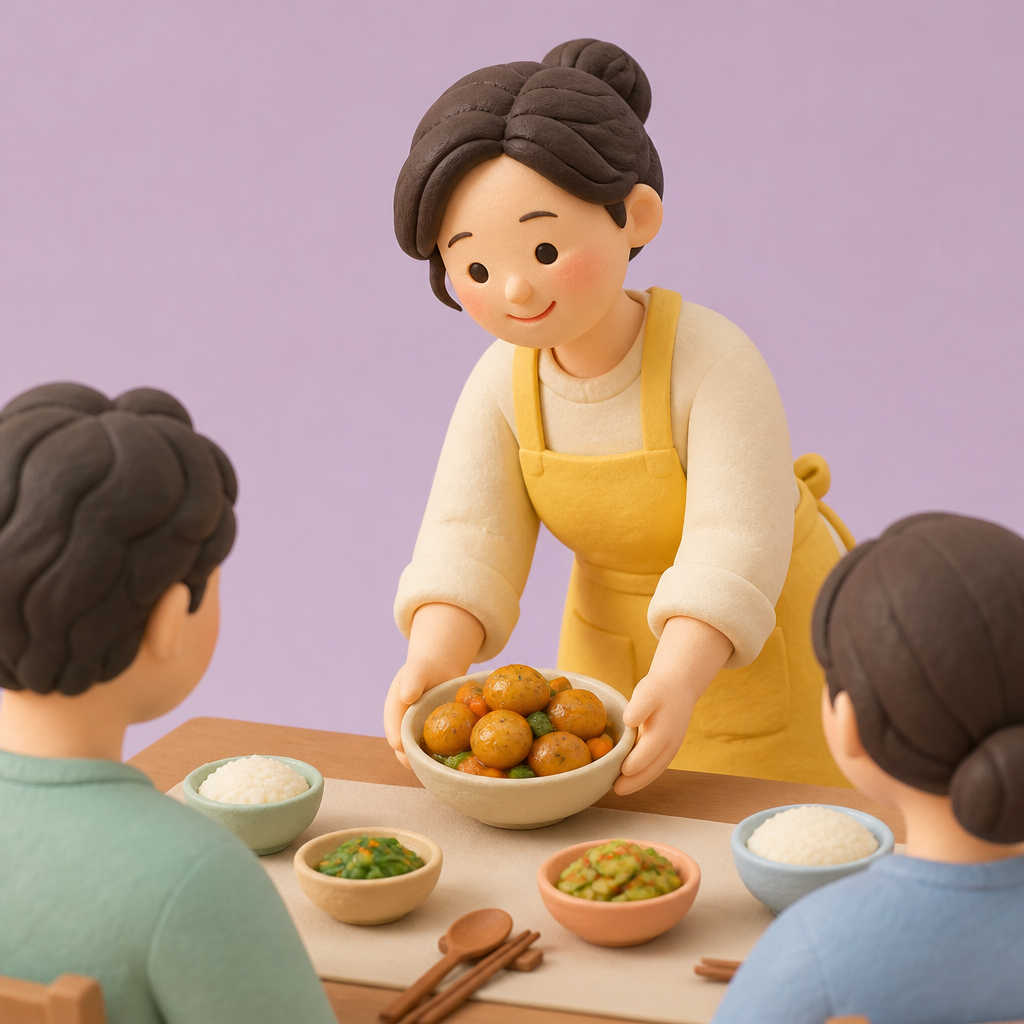 저녁 식탁에 감자조림을 올리며 웃는 30대 여성