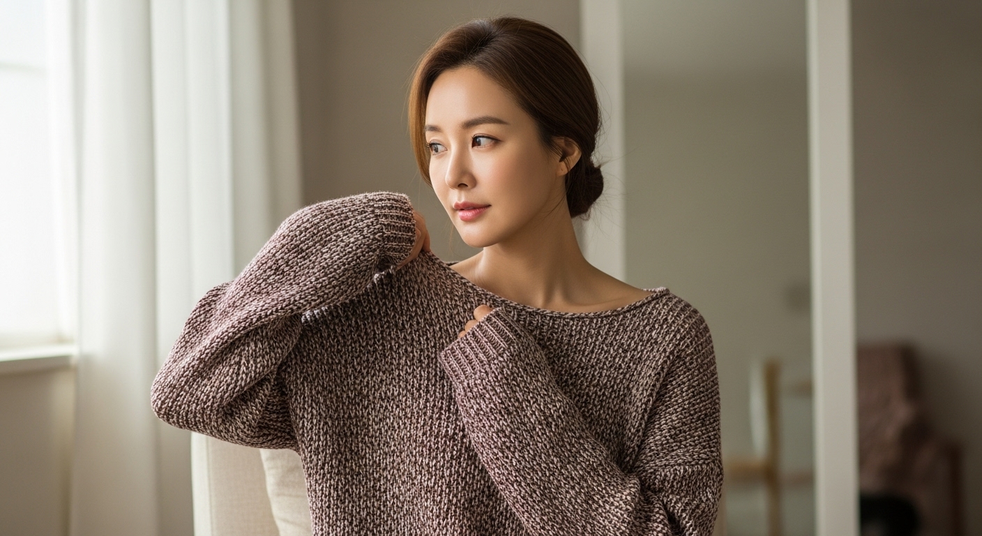 늘어진 니트를 걸치고 있는 여성