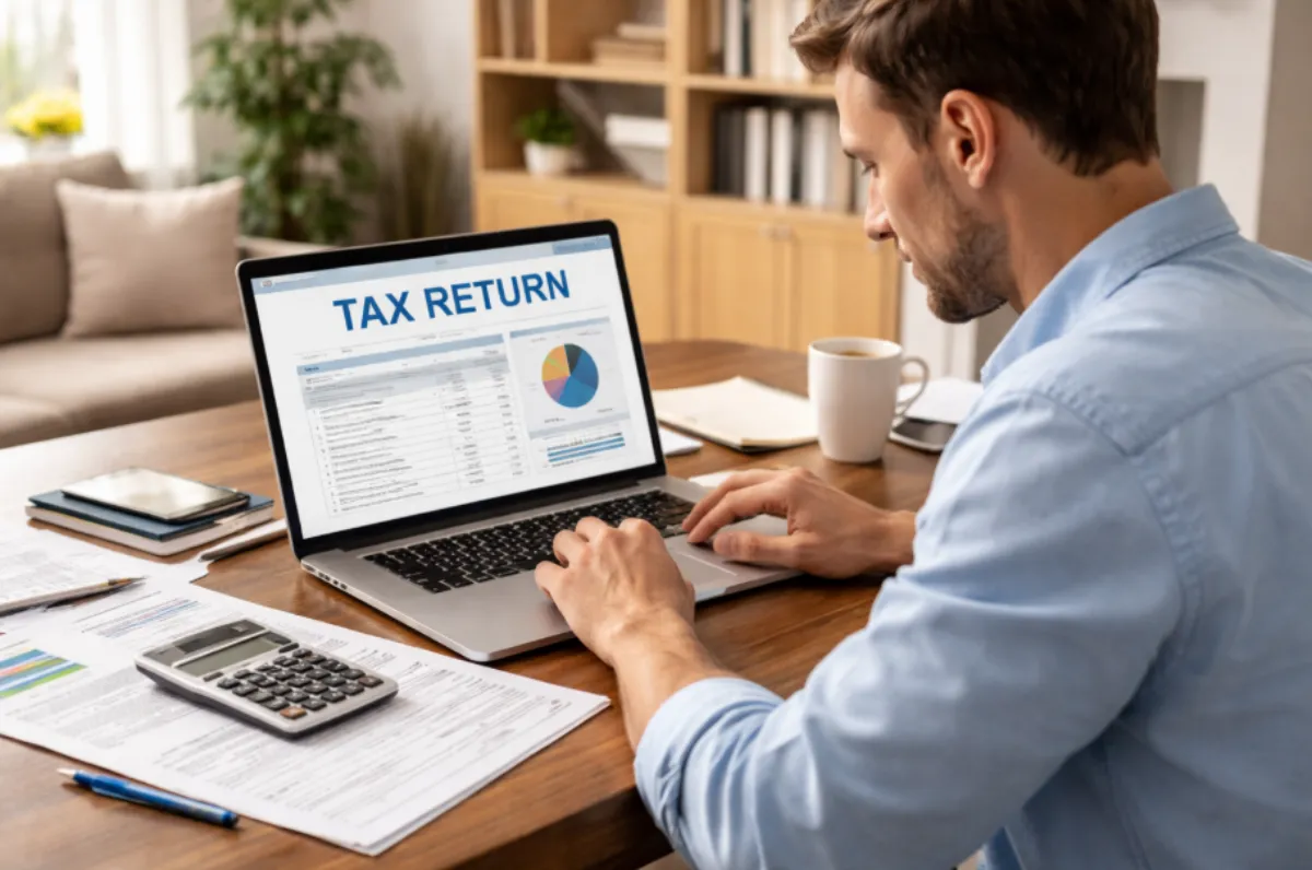 종합소득세 계산을하고 신고하는 남자의 모습