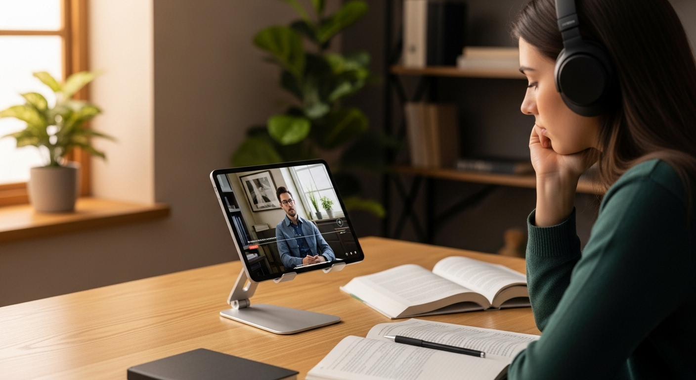 인강 집중력을 높여주는 태블릿 거치대와 헤드셋 활용 모습