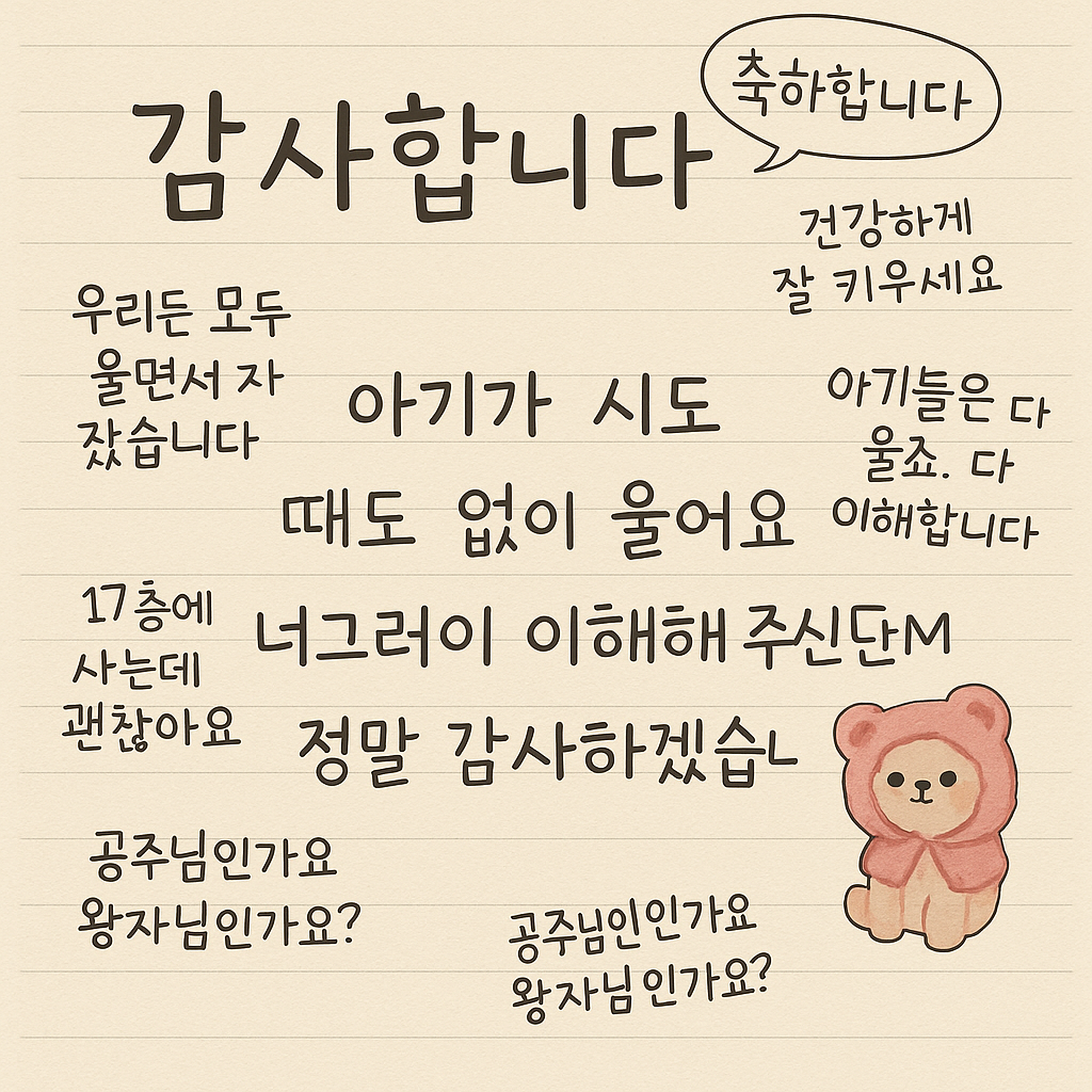 “아파트 엘리베이터에 붙은 신생아 양해 손편지와 주민들의 축하 답글 이미지”