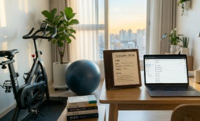 고몰입 환경 설계 매뉴얼과 바인더 기록으로 완성된 5시 루틴 홈 오피스 작업실 사진 (A photo of a 5 AM routine home office workshop with a minimalist setup manual and binder records)