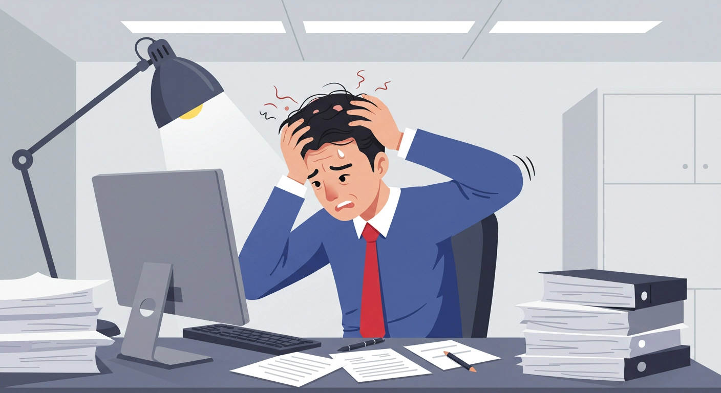 책상 앞에 앉아 머리를 감싸 쥔 직장인의 모습