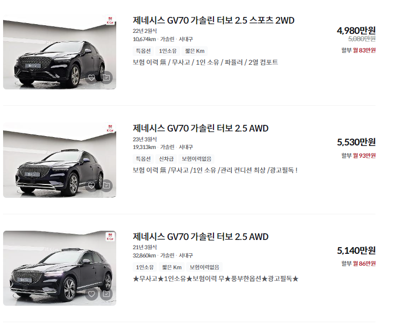 제네시스 GV70 중고차 가격 시세표 정리