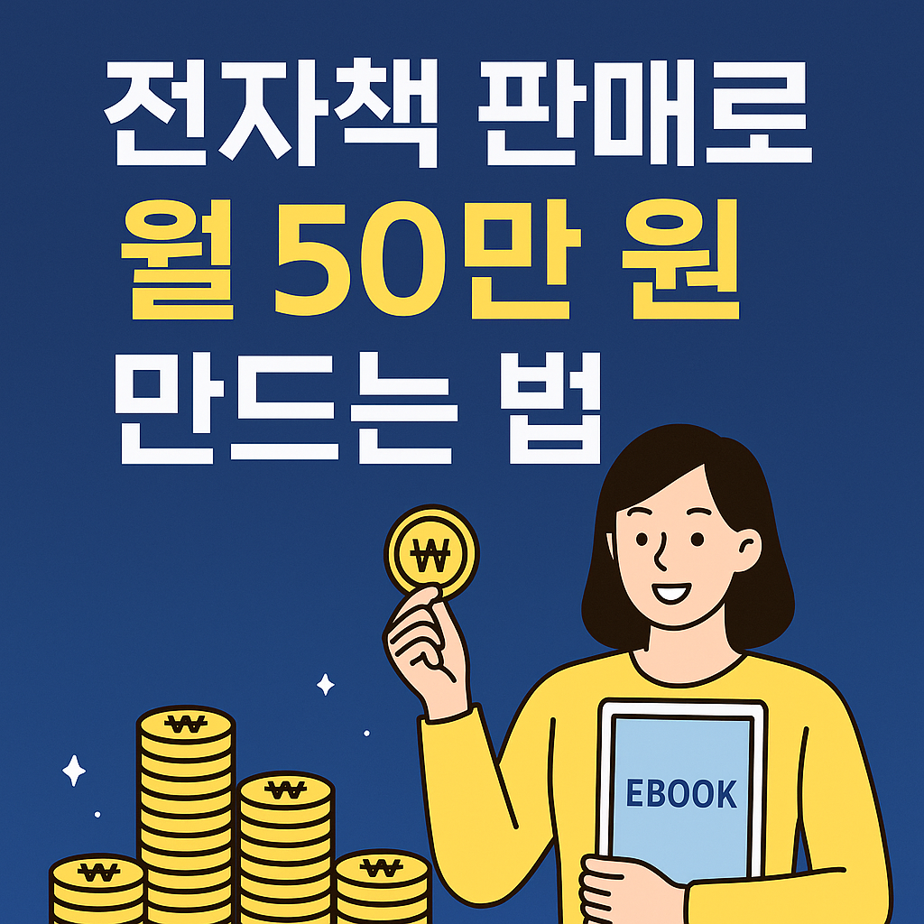 전자책 판매로 월 50만원 수익을 내는 방법을 소개하는 일러스트|전자책, PDF, 수익화, 부업을 상징하는 아이콘과 캐릭터 구성