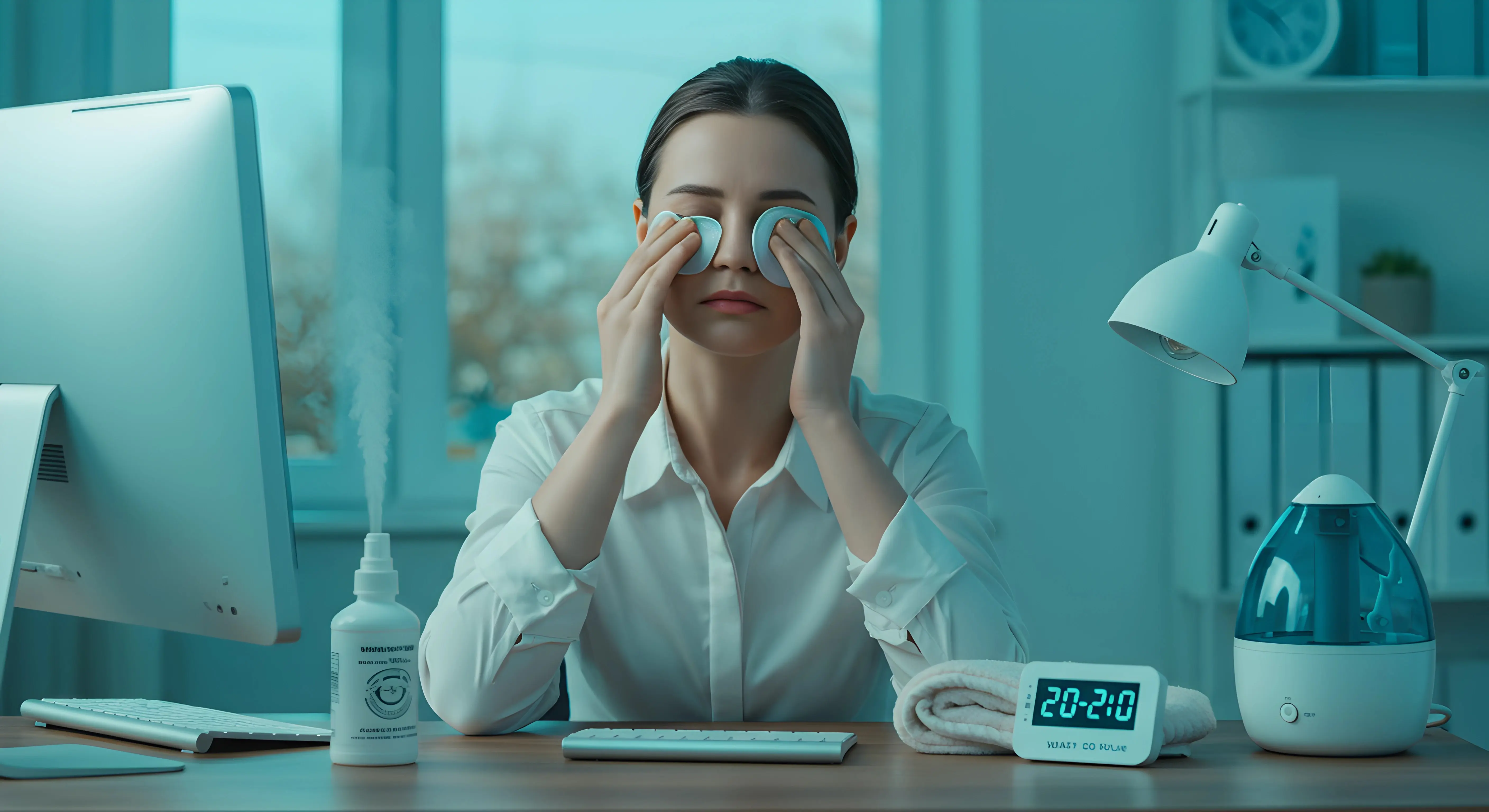 컴퓨터 작업으로 지친 여성이 책상 위 인공눈물, 온찜질팩, 20-20-20 타이머를 두고 눈의 피로를 풀며 휴식하는 모습.