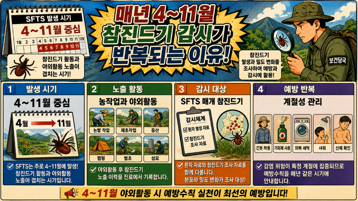 SFTS가 주로 4월부터 11월까지 발생하는 이유와 농작업, 등산, 캠핑 등 야외활동 뒤 참진드기 감시가 반복되는 기준을 설명한 옛날 만화 형식 인포그래픽