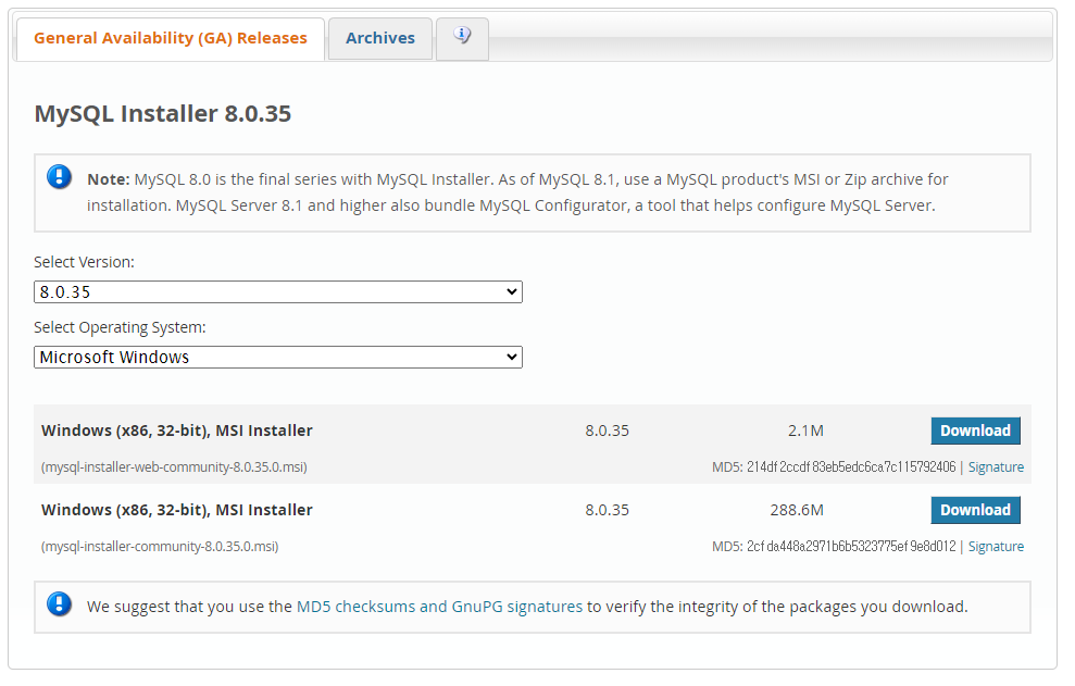 Windows MySQL 설치 파일 다운로드