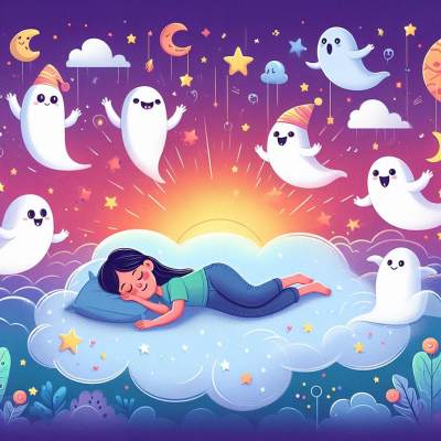구름 위에서 잠을 자고 있는 소녀와 유령들이 함께 있는 장면.