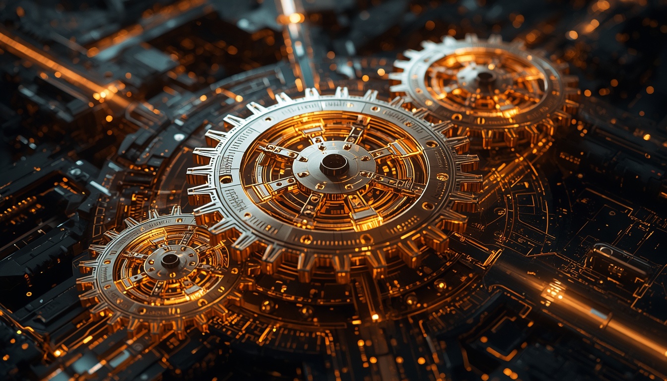 Three interconnected golden gears representing AI infrastructure sectors.