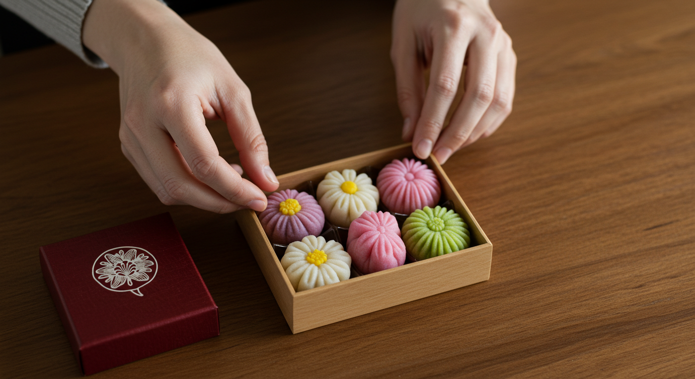 완성된 화과자를 정성스럽게 선물 상자에 담는 모습