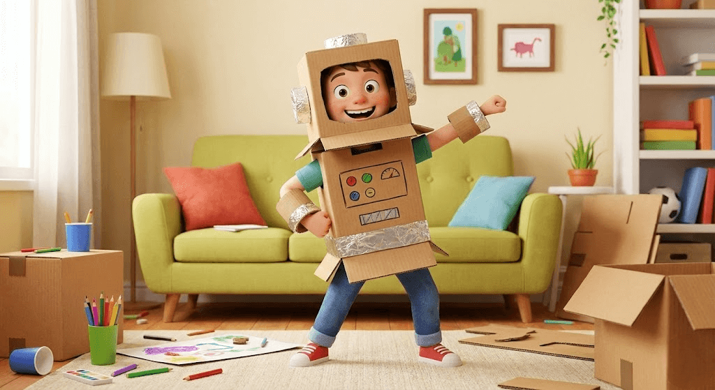 택배 박스로 만든 로봇 갑옷을 입고 신나서 영웅 포즈를 취하는 7살 남자아이의 3D 일러스트