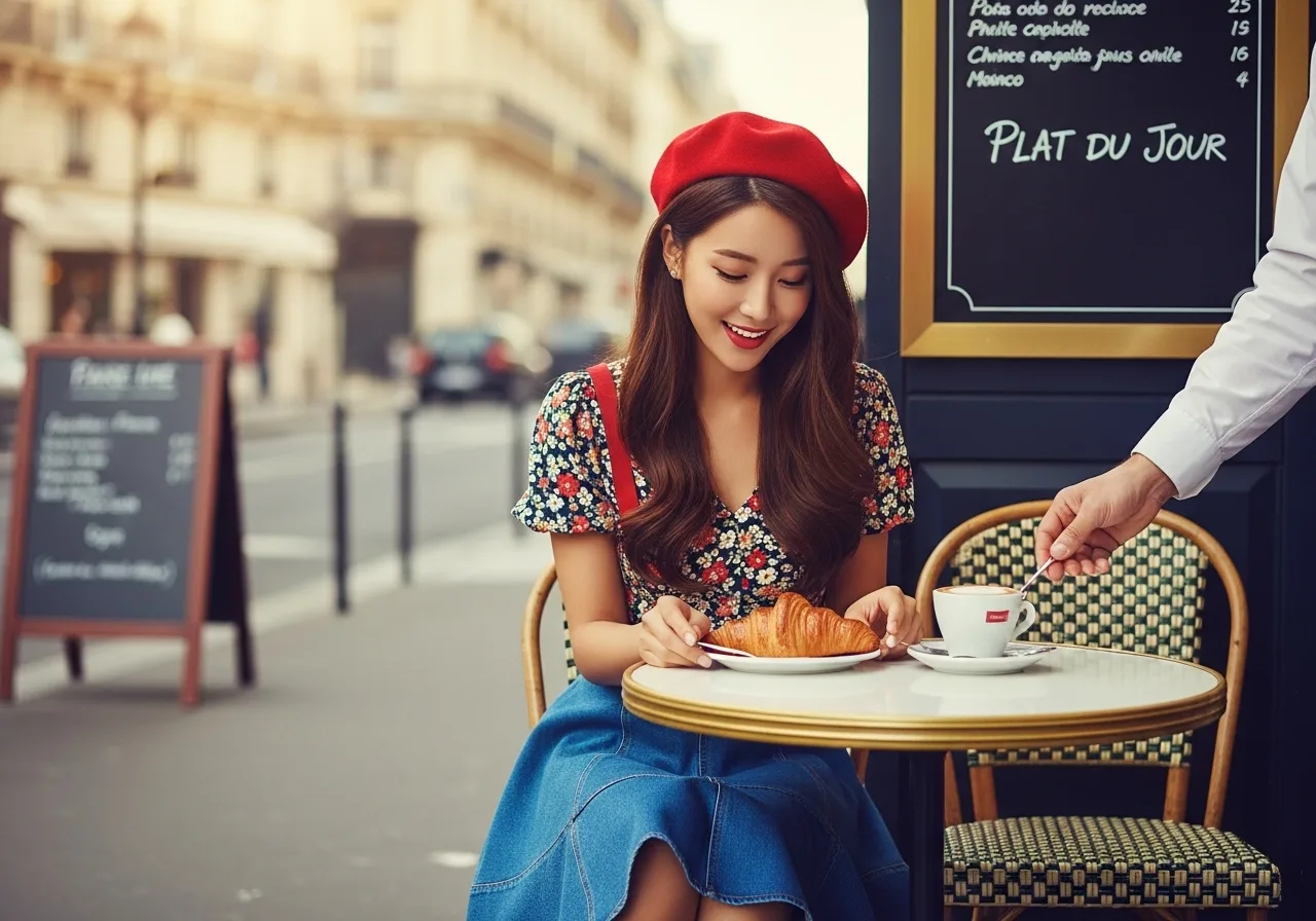 프랑스 파리의 노천카페에 앉은 젊은 한국인 여성이 막 도착한 크루아상과 커피를 보며 행복한 미소를 짓고 있다