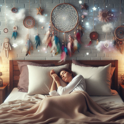 다양한 꿈의 요소들이 벽을 장식하고 있는 방에서 편안하게 잠자는 사람.