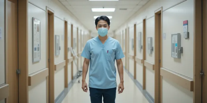 검진 마치고 복도 걷는 남성