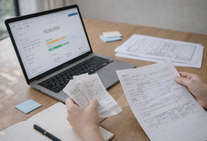 노트북 화면에서 연말정산 금액을 확인하며 세금 관련 서류를 검토하는 모습