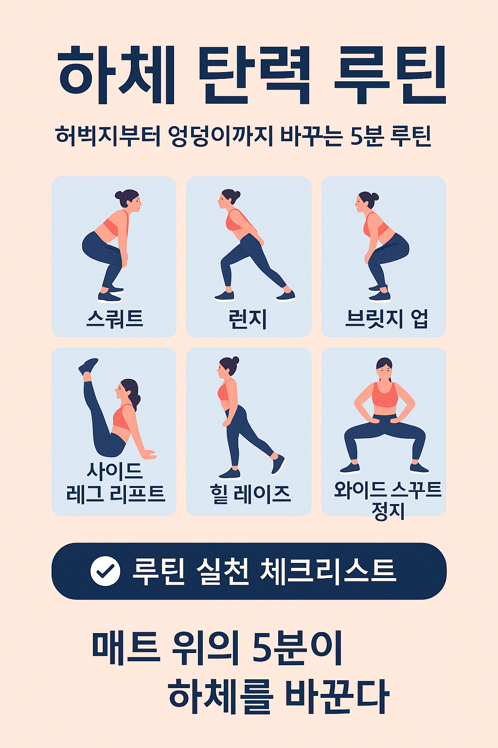 허벅지와 엉덩이 라인을 정리하는 하체 탄력 루틴을 소개하는 한국어 인포그래픽 이미지로, 스쿼트, 런지, 브릿지 등 실내 맨몸 운동 동작이 포함된 플랫 스타일 일러스트