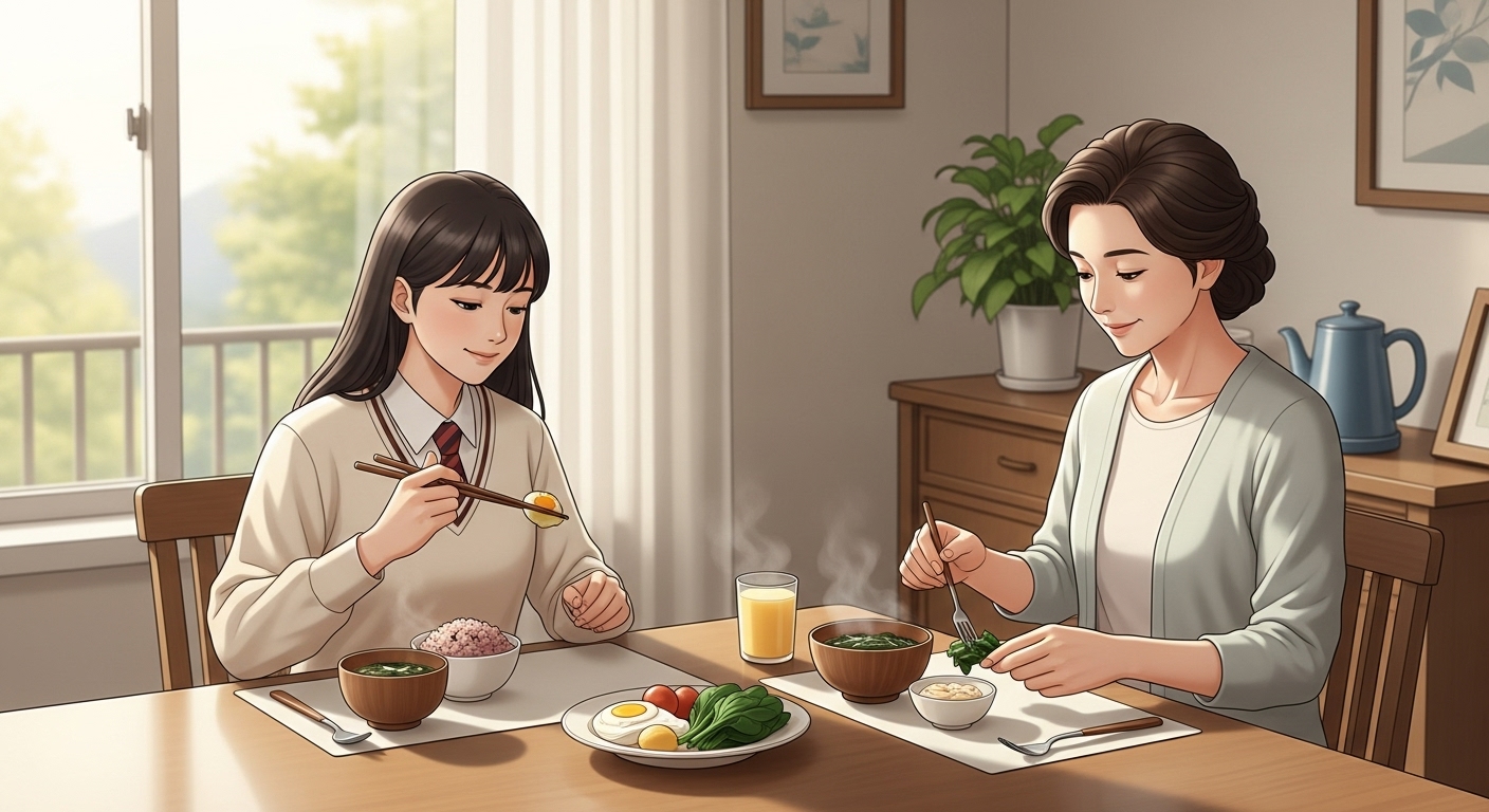 수능 당일 아침, 현미밥과 달걀찜, 시금치나물, 미역국으로 구성된 건강한 식사를 하며 앉아 있는 수험생과 옆에서 따뜻한 표정으로 식사를 챙겨주는 어머니의 모습