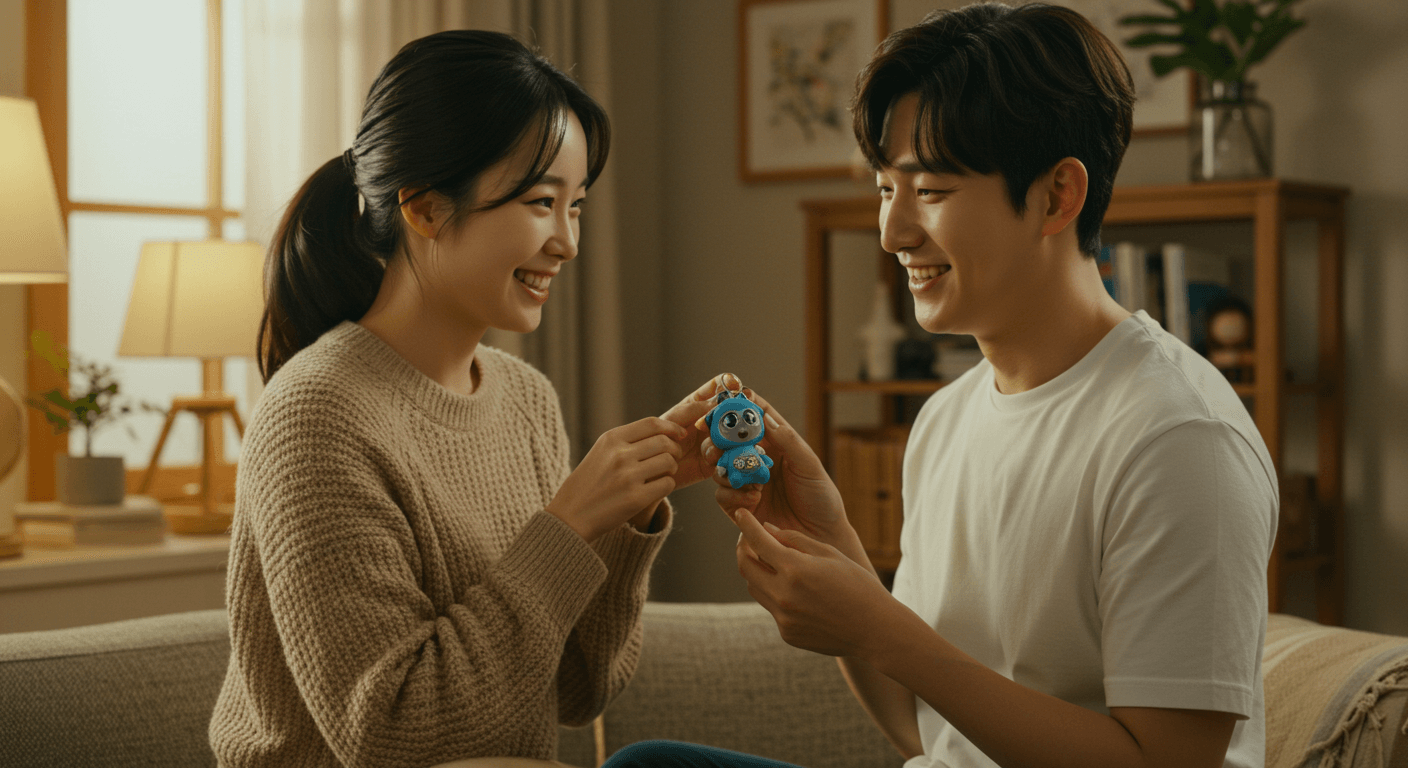 커플이 크라이베이비 키링을 주고받으며 따뜻하게 미소 짓는 장면 2