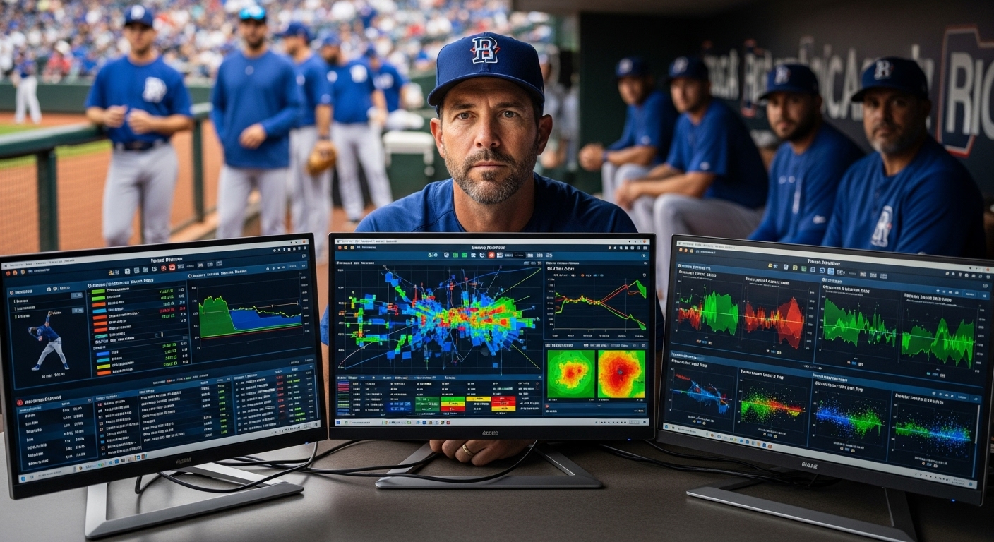 현대 야구 감독이 세이버메트릭스 데이터를 분석하며 전략을 짜는 모습
