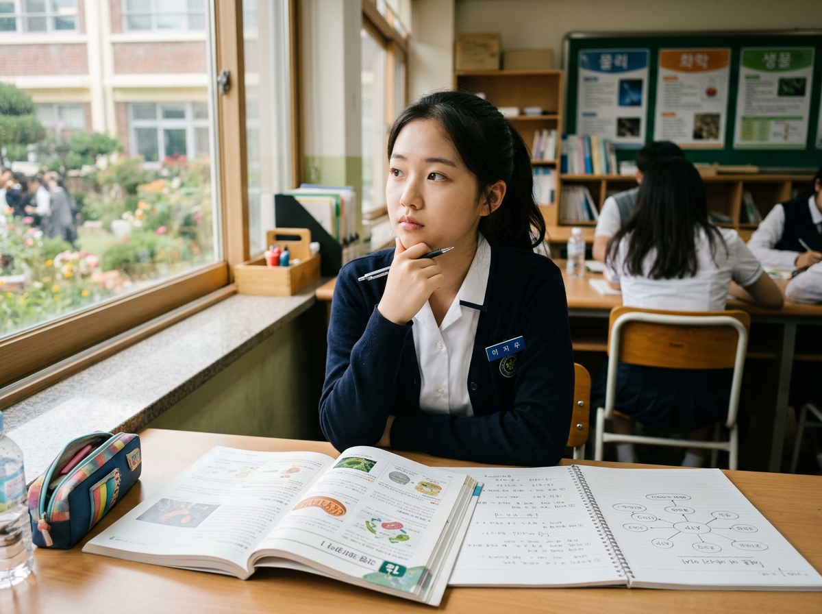 과학 교과서를 보며 생각에 잠긴 한국 학생