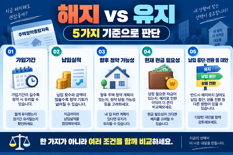 청약통장 해지와 유지 판단 기준 5가지를 비교한 이미지