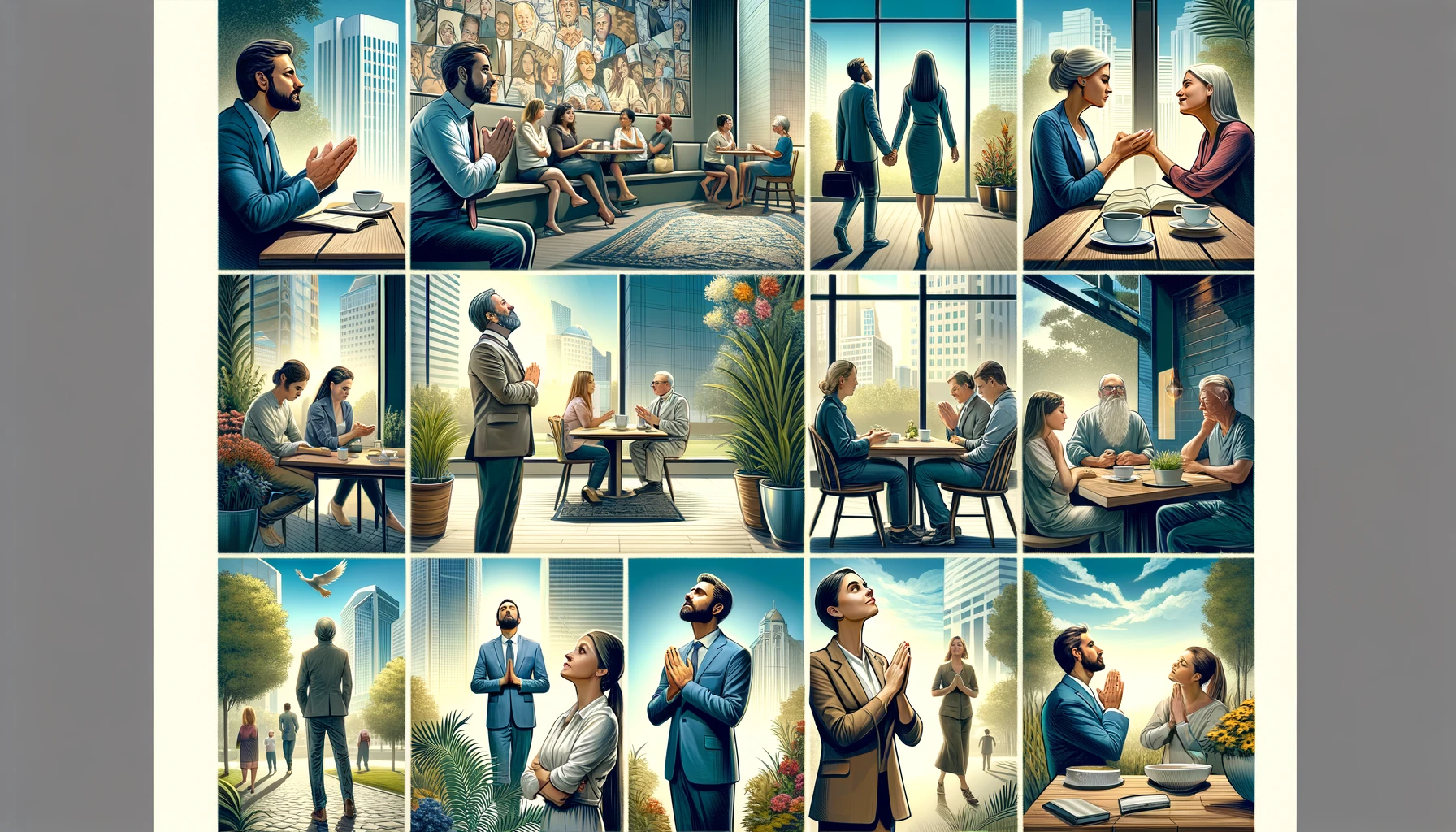 Here is the image depicting individuals meeting diverse people and acknowledging the Lord's sovereignty throughout their day. The scene shows moments of reflection and spiritual devotion in various settings, such as an office, a park, and a coffee shop, with individuals taking time to say "Lord" and express mindfulness.