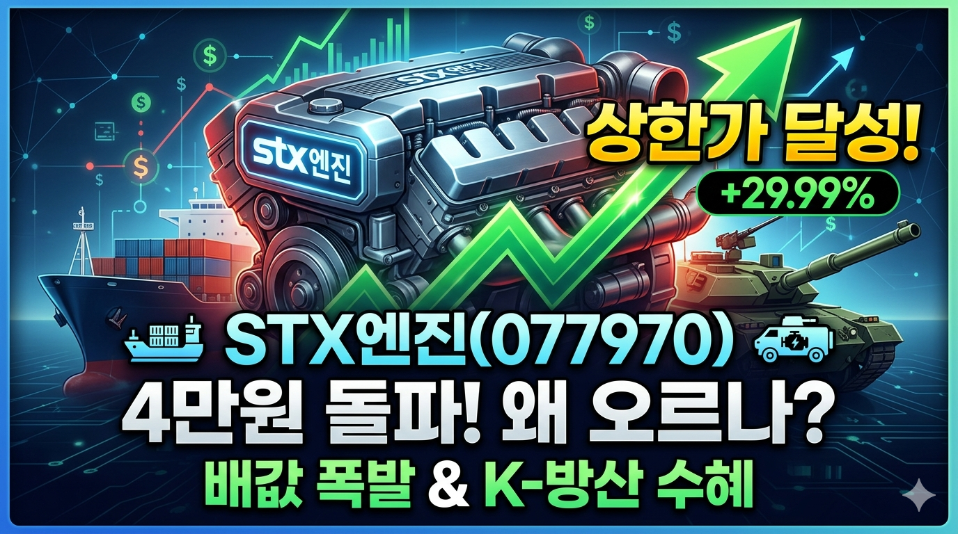 STX엔진 로고와 거대한 선박 엔진, 그리고 주가 상승 곡선이 그려진 배경에 'STX엔진 상한가 달성! 주가 전망' 텍스트가 강조된 이미지