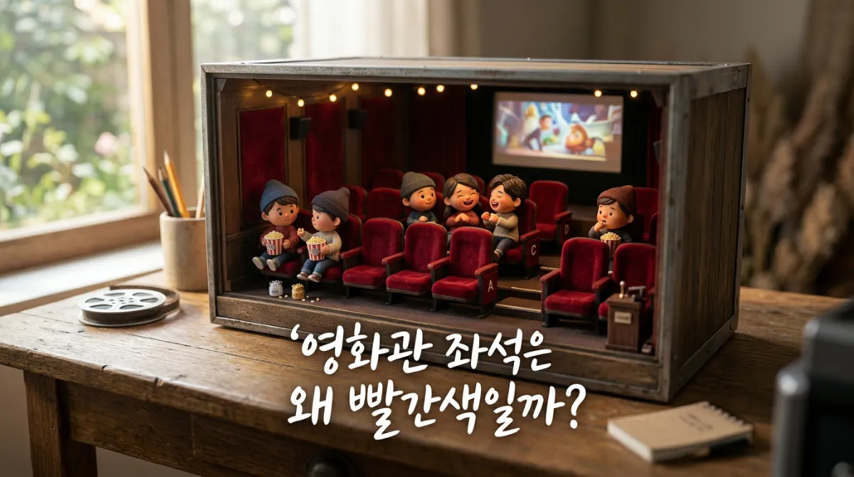 빨간색 좌석이 있는 미니어처 영화관 디오라마와 팝콘을 먹는 귀여운 캐릭터들