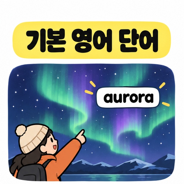 기본 영어 단어라는 제목 아래 사람이 오로라를 가리키며 aurora라는 영어 표현을 보여주는 그림