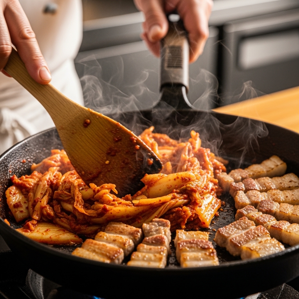 달궈진 팬에 김치와 돼지고기 목살을 함께 볶는 모습. 김치가 윤기 있게 익어가며 고소한 냄새가 나는 듯하다.