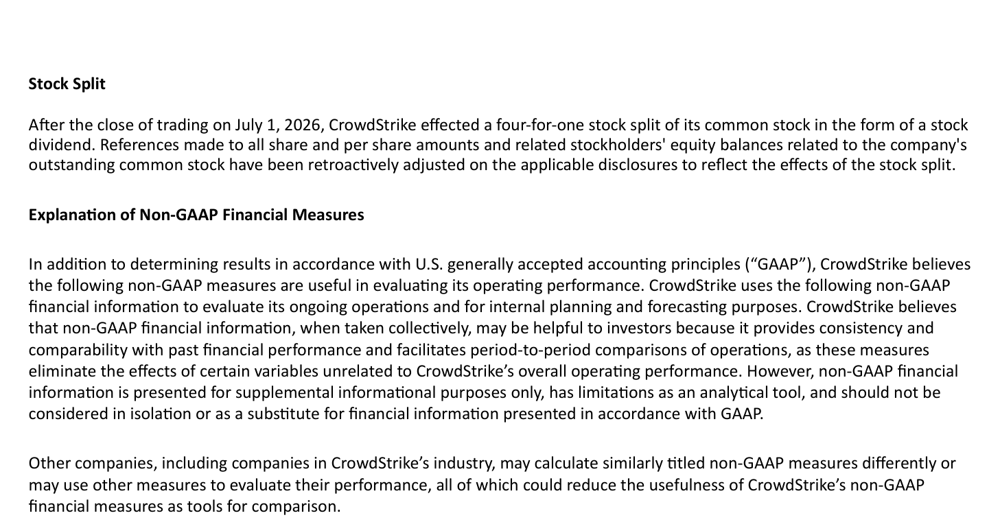 The four-for-one split and the company's note on non-GAAP measures