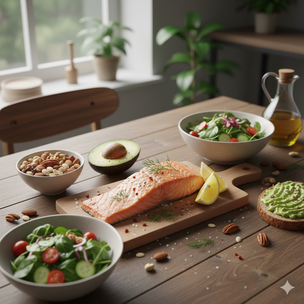 오메가-3가 풍부한 연어, 아보카도, 신선한 견과류가 차려진 건강한 식탁