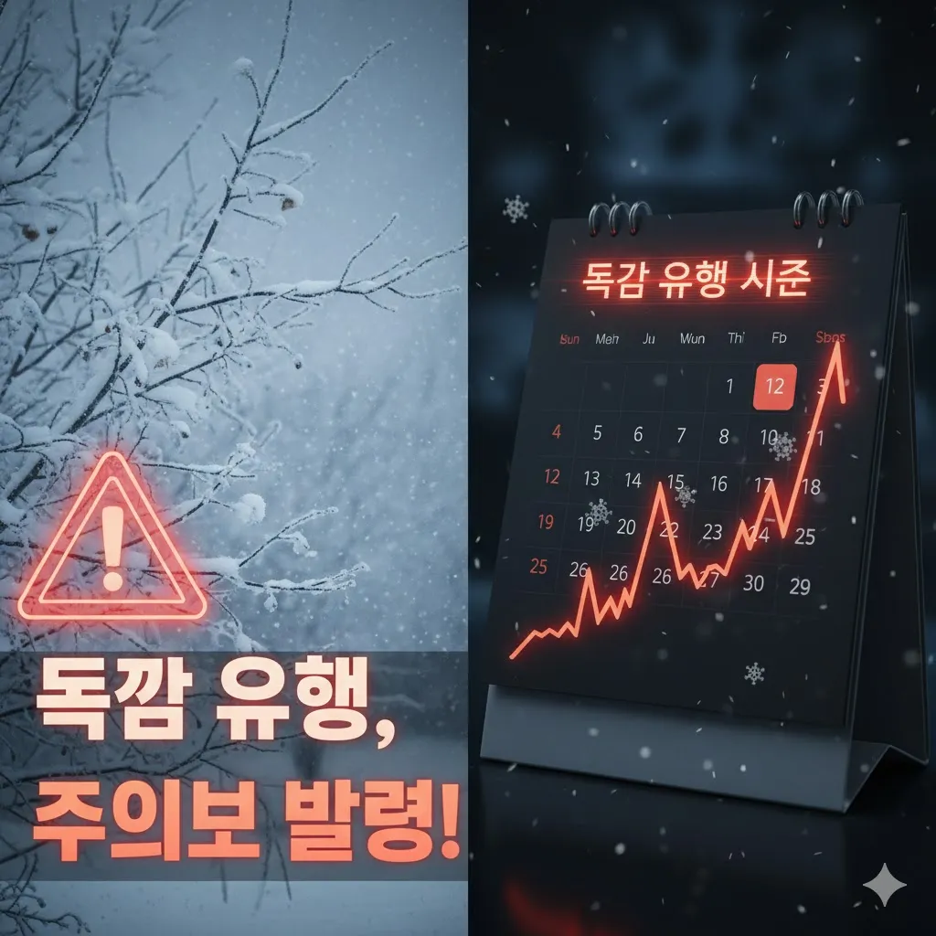 붉은색 또는 주황색의 경고 신호와 함께 겨울철 풍경 (눈, 차가운 바람 등)을 배경으로 합니다. 달력에 독감 유행 시즌이 강조되어 있거나, 인플루엔자 바이러스 확산 추이를 나타내는 그래프 이미지를 삽입할 수 있습니다. 긴장감을 주면서도 명확한 정보 전달에 초점을 맞춥니다.