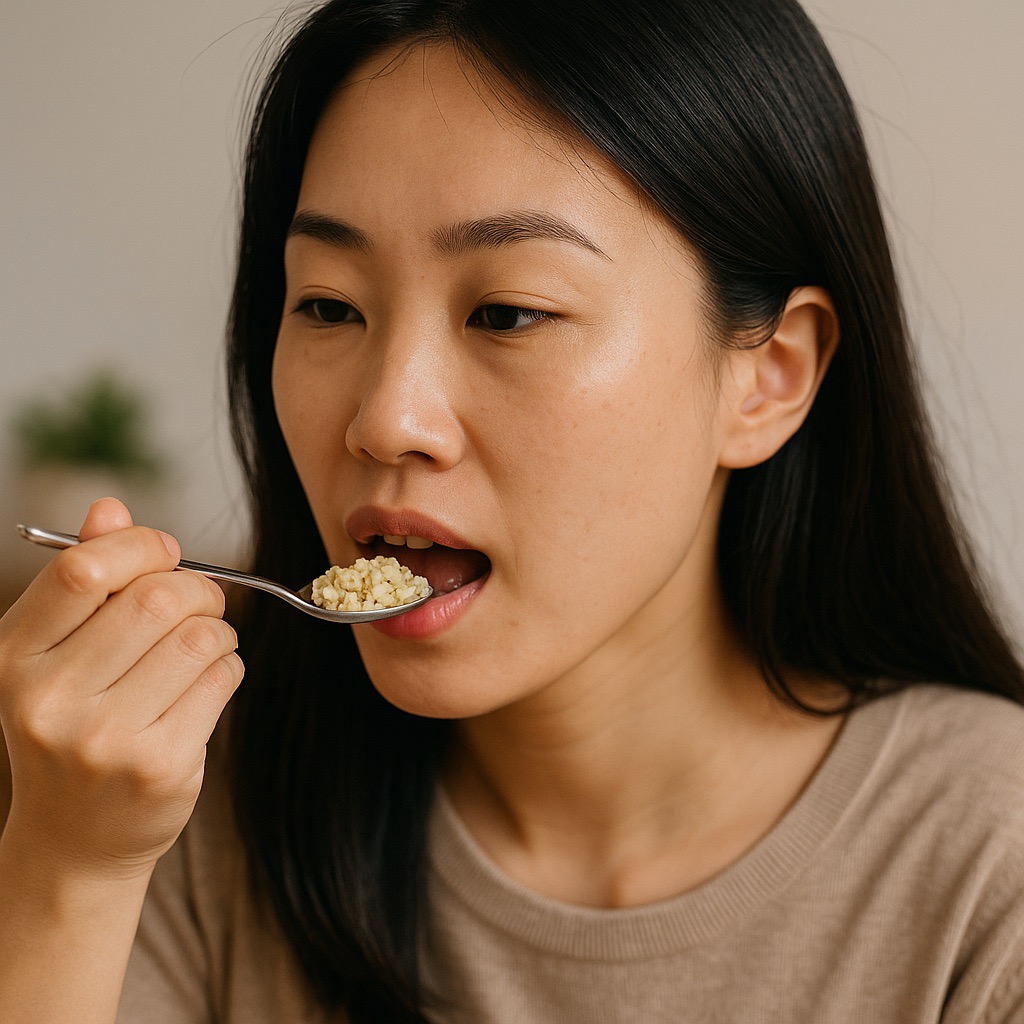 간을 생각하며, 홍화씨를 먹는 여성(출처: 자체제작)