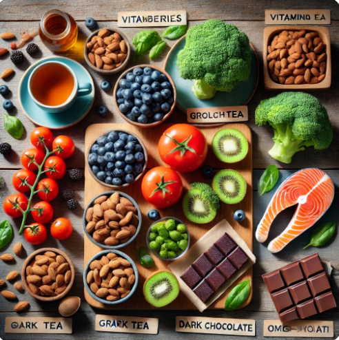 활성산소를 줄이는데 도움이 되는 식품(블루베리, 토마토, 키위, 연어, 브로콜리 등)