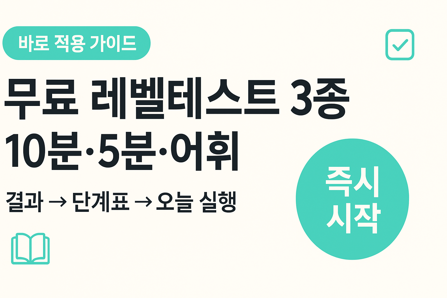 무료 레벨테스트 3종 &mdash; 10분&middot;5분&middot;어휘. 결과&rarr;단계표&rarr;오늘 실행, &lsquo;즉시 시작&rsquo; 배지가 있는 밝은 썸네일(좌측 안전 여백 확대)