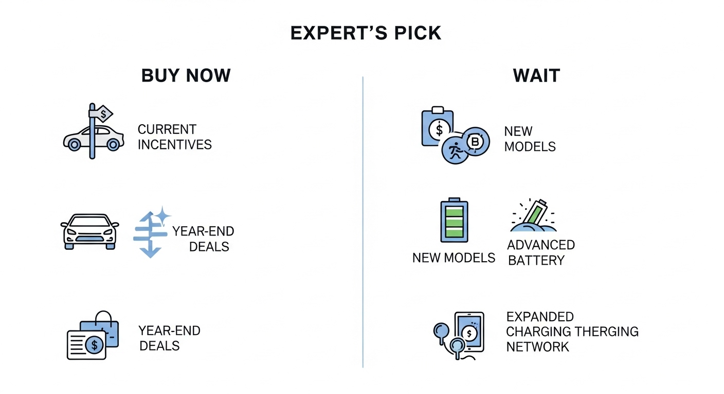 전문가가 추천하는 전기차 구매 전략. 지금 사야 할 이유와 기다려야 할 이유를 아이콘과 텍스트로 시각화한 요약.