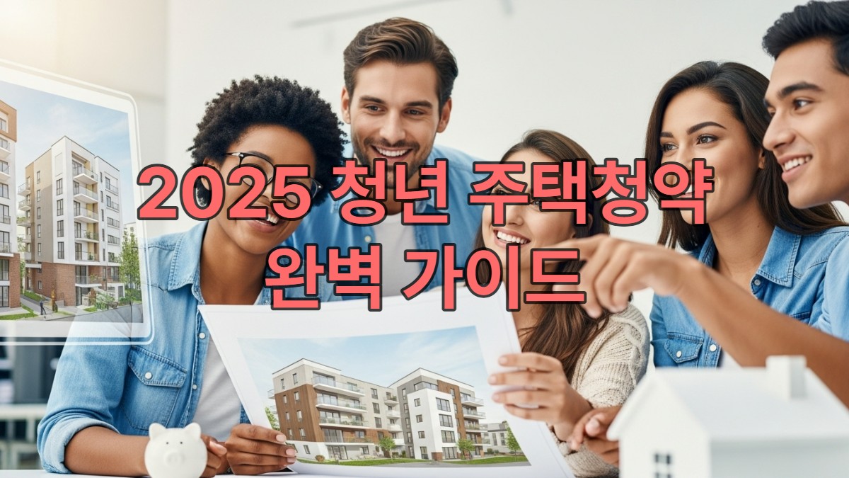 2025년 청년들이 희망찬 표정으로 주택청약 정보를 공유하며 내 집 마련의 꿈을 키우는 모습. 현대적인 공간에서 미래 주거 계획을 세우는 청년들의 밝은 에너지가 돋보입니다.