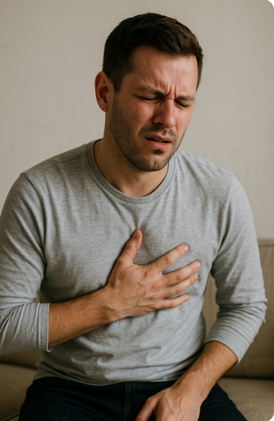 속쓰림을 겪으며 불편함을 느끼는 남성의 모습